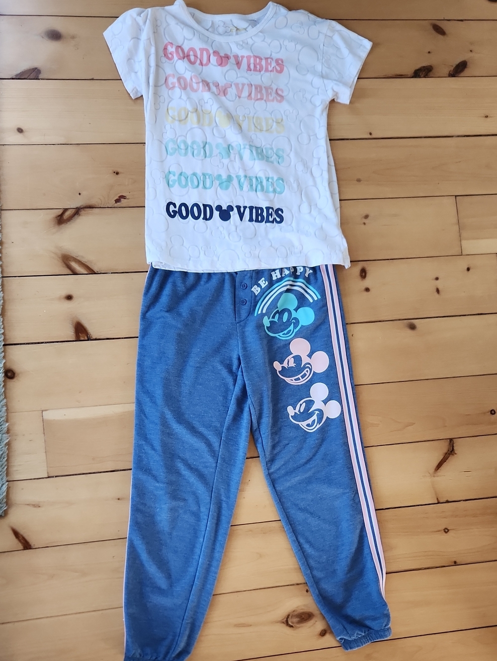 Disney 'Good Vibes' 'BE HAPPY' White Tee and Blue Mickey Jogger Pajama Set